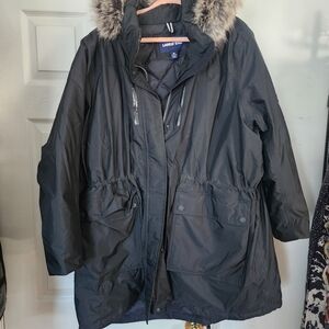 NWOT 3X Plus Sz Lands' End Black Warm  Winter Coat High Quality W/ Faux Fur Trim